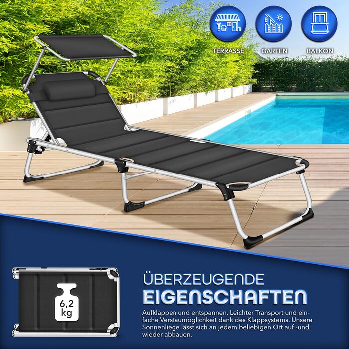 Сонячне ліжко Tillvex® з дахом та подушкою для голови | Садова розкладна ліжко-шезлонг | Пляжне ліжко з регульованою спинкою | Алюмінієва ліжко (з преміум-подушкою), Чорний