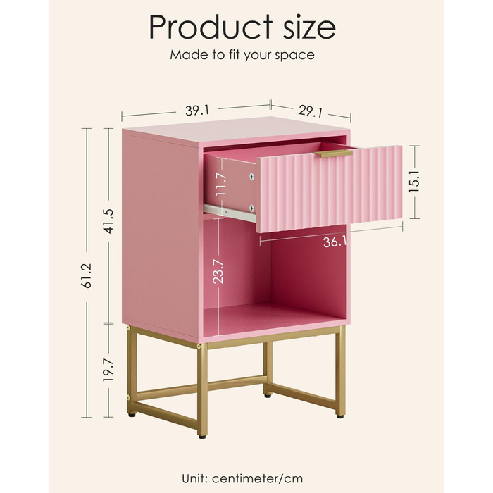 Приліжкова тумбочка з відкритим відсіком, журнальний столик для вітальні та спальні (горіх), 40 x 30 x 60 см, рожеве фетрове покриття