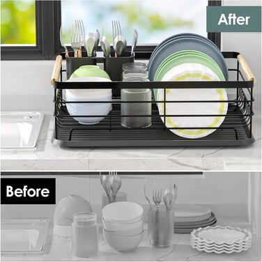 Сушарка для посуду Dreamhigh® з піддоном та контейнером для столових приборів, чорна, 43x30.5x14 см, для 3-5 осіб