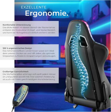Ігровий крісло Tectake з масажем та LED-підсвіткою, чорний колір. Ергономічний офісний стіл для ігор, крісло для робочого кабінету.