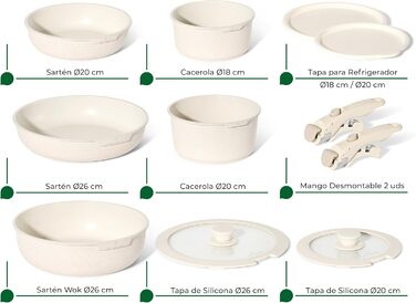 Набір кухонного посуду Just Perfecto 18 предметів з антипригарним покриттям, знімні ручки, для всіх типів плит (включаючи індукцію), без PFOA (Бежевий)