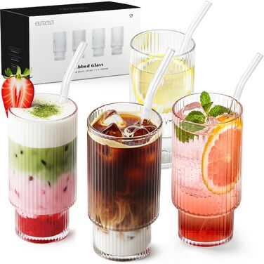 Набір склянок для коктейлів 4 шт. 300 мл рифлені - Gin, Longdrink, Matcha - склянки з трубочками