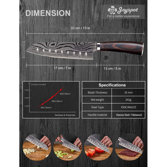 Японський ніж Joyspot Santoku, 18 см, професійний, з нержавіючої сталі, ергономічна ручка, для кухні