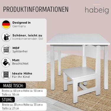 Дитячий стіл та 2 стільці - комплект меблів для дитячої кімнати, 60x50x50 см (білий/білий)