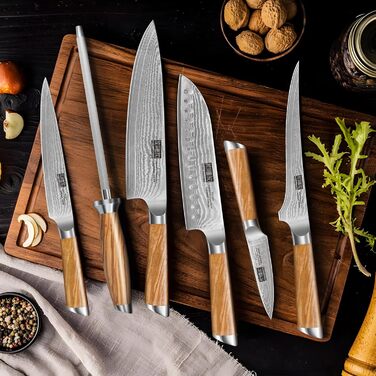 Набір кухонних ножів HOSHANHO 7 предметів: 20 см, сталь Дамаск, 67 шарів, японський, ергономічна ручка