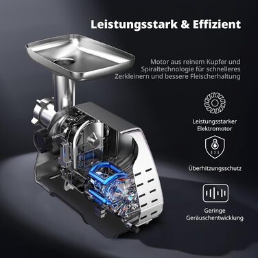 Електрична м'ясоподрібнювач AIRMSEN з насадкою для ковбас, 2 леза з нержавіючої сталі, 3 диски, аксесуар Куб, тихий промисловий двигун, для дому, нержавіюча сталь