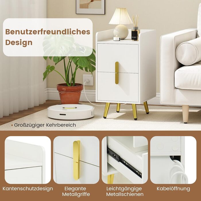 Нічний столик COSTWAY з зарядкою, вузький приліжний столик з 2 шухлядами, металеві ніжки, для спальні, вітальні, 32x40x60 см (Білий)