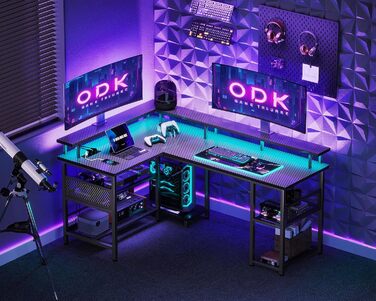 Ігровий стіл ODK з LED-підсвічуванням, 150x102 см, з 2 розетками та 2 USB-портами, кутовий, з підставкою для роутера, карбон, чорний