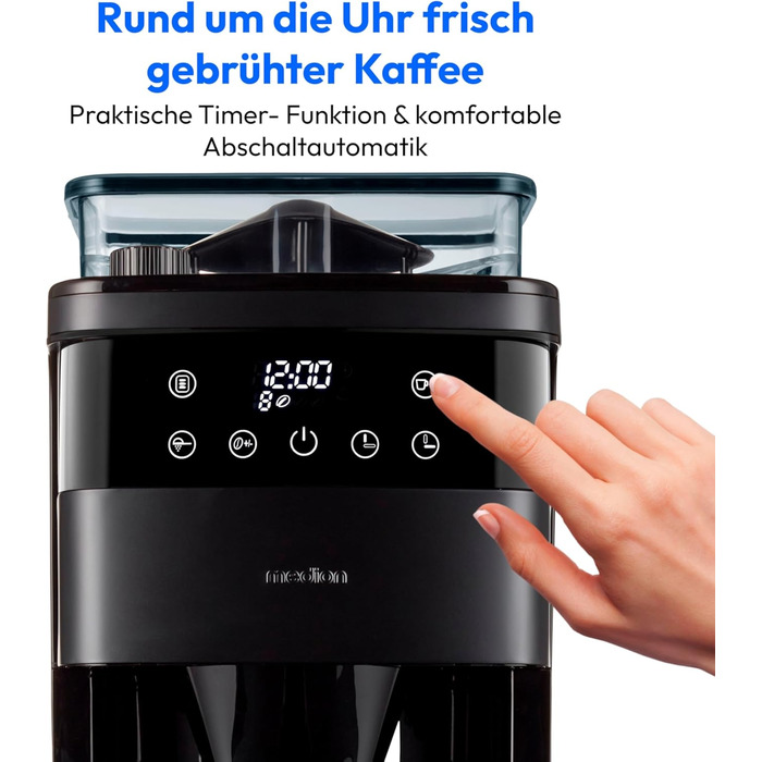 Кавоварка MEDION з кавомолкою та термосом Колба (1 літр, макс. 8 чашок, 8 рівнів помелу, макс. 1000 Вт, таймер, LED-дисплей, крапля-стоп, постійний фільтр, MD19911) (Чорний)