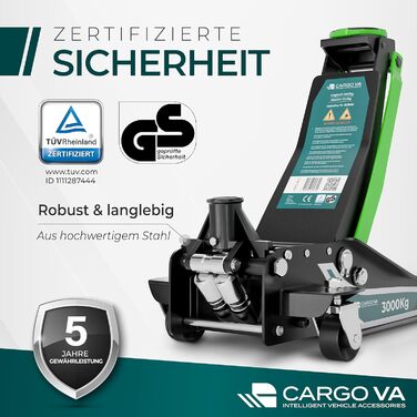 Гідравлічний домкрат CargoVA 3T з низьким профілем (75-505мм) + килимок + 2 гумові накладки | Для SUV та авто з низькою посадкою | Професійний набір для заміни коліс (TÜV)
