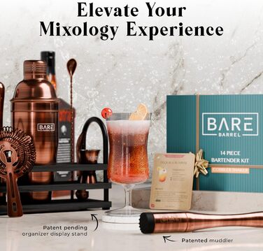 Набір шейкерів для коктейлів Boston BARE BARREL Pro Mixology з 14 предметів, мідний, з підставкою та 35 картками рецептів