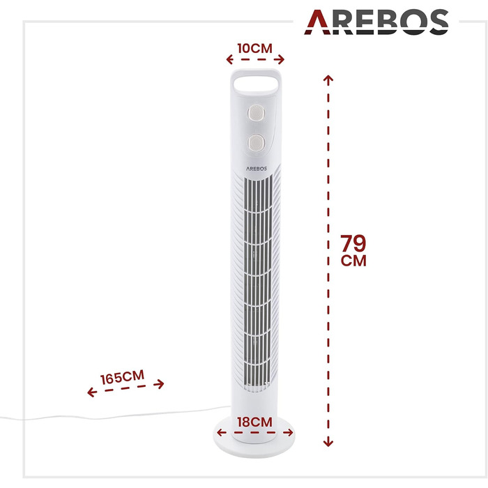 Баштовий вентилятор Arebos з таймером 40 Вт Коливання 75 Вентилятор з 3 режимами швидкості Білий