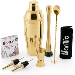 Набір бармена Barillio Gold Mixology – 8 предметів з нержавіючої сталі, включає шейкер, міклер, мохіто-толкуш та аксесуари для приготування коктейлів