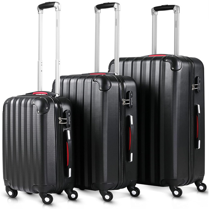 Набір валіз Monzana з 3 предметів Валіза Baseline тверда валіза M-L-XL гелеві ручки 4 колеса захист країв фіксатор ніжки візок на колесах валіза для подорожей (чорна)