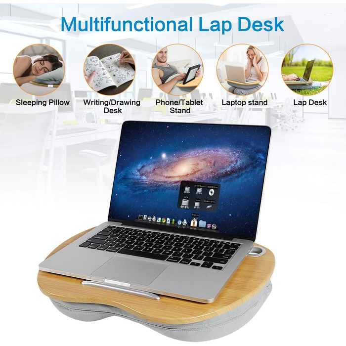 Підставка для ноутбука VLOXO бамбукова, портативна, для ліжка та дивану, з м'якою підкладкою, ергономічне коліно, з отвором для кабелю та протиковзкими смугами, для ноутбуків/планшетів/MacBook до 14 дюймів (срібна)
