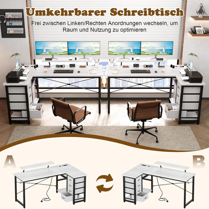 Кутовий стіл Devoko з 4 висувними ящиками з тканини, 2 розетками та 2 USB-портами, для дому та офісу, ігор, білий, 140x80 см