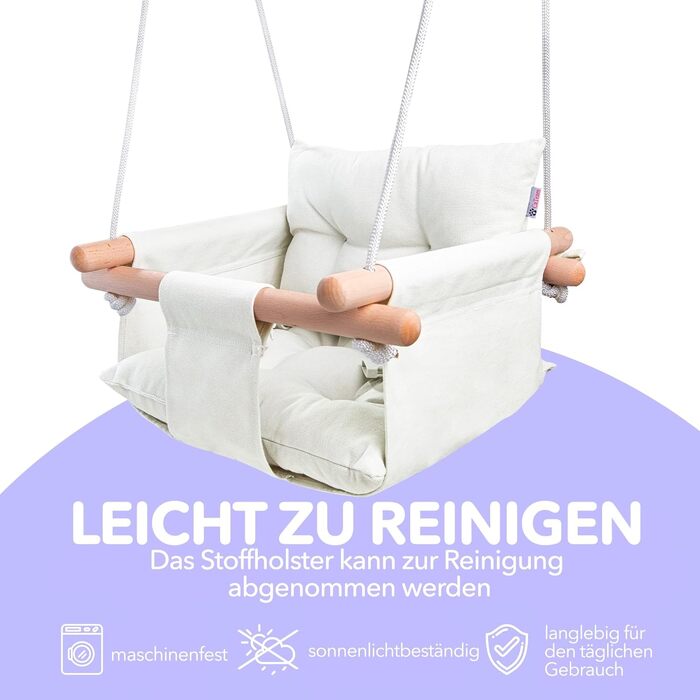 Дерев'яна гойдалка для малюків Cateam - ідеальна для дому та саду. З безпечним ремінцем, від 12 місяців. Елегантно-кремовий колір.