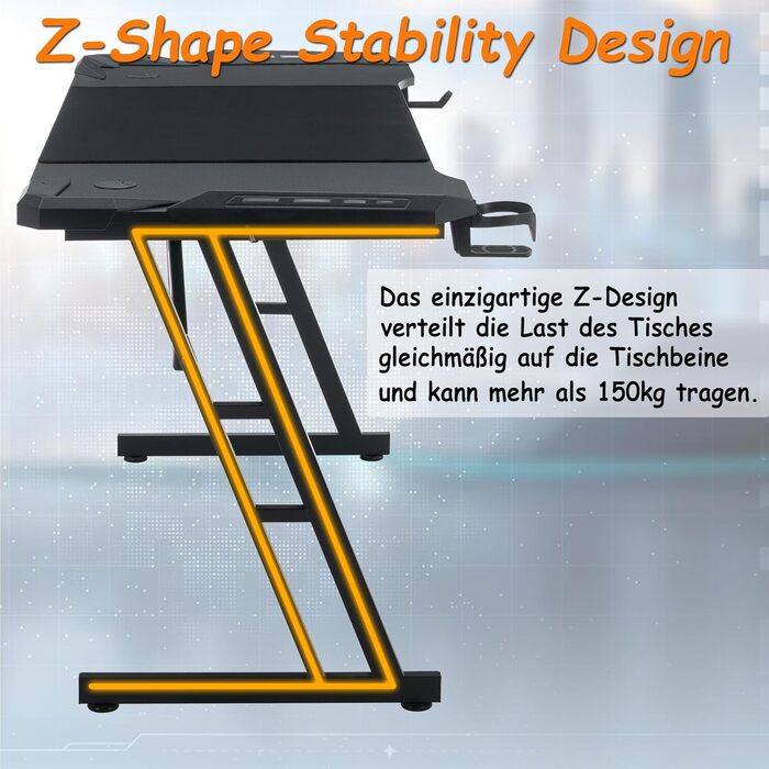 Ігровий стіл YRHome 120x60 см: стіл для комп'ютера з підстаканниками, кабелепроводами та карбоновою поверхнею. Ергономічний стіл для геймерів та офісу, чорний (без LED). Розмір 140x60 см з LED також доступний.