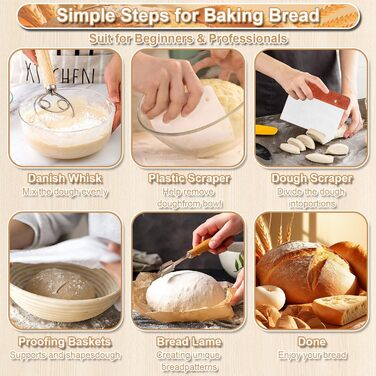 Набір для приготування закваски (12 шт.), 23,5см & 25,4см: корзини для бродіння, скляна тара для закваски, лопатки та мішалки для тіста. Ідеально для початківців