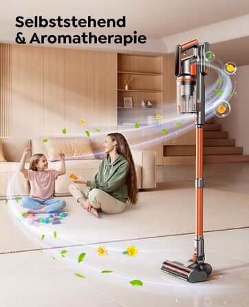 Бездротовий пилосос Fieety з акумулятором, 600W, 50kPa, 65 хв роботи, станція для зарядки на стіні, ароматерапія, автоматичний режим, сенсорний екран, висувний шланг 1 м для твердих поверхонь, килимів, шерсті тварин, автомобіля