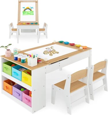 Дитячий стіл COSTWAY з 2 стільцями, столом для занять 3 в 1 та мольбертом з дерева з підйомною стільницею з чашками для фарби, 6 контейнерами для тканини та рулоном паперу, дитяча група для дітей віком від 3 років (Natural)