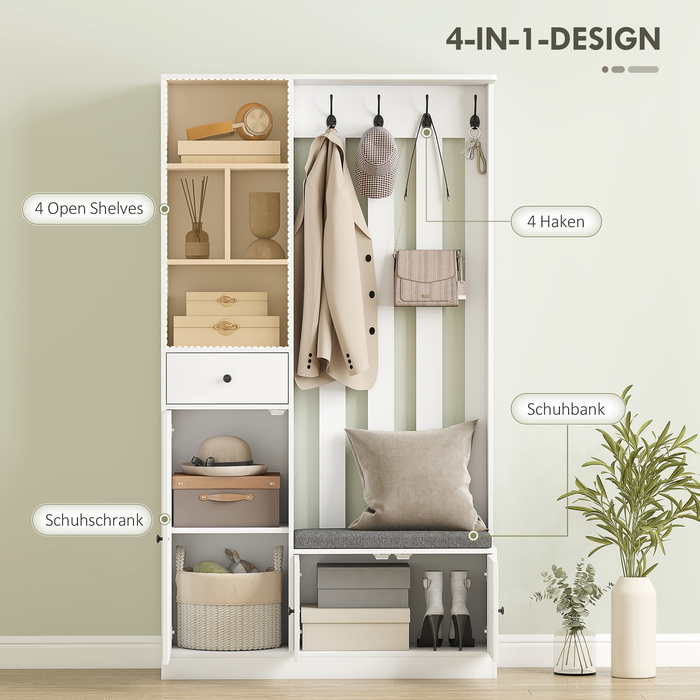 Шафа для одягу 180 см з вішалкою, полицею для взуття, 4 гачками, відкритими полицями, МДФ, білий