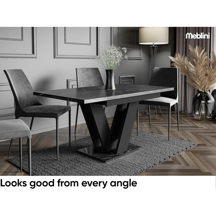 Обідній стіл Mebleini розсувний, сучасний, чорний глянцевий/білий глянцевий (120-160x80x75см, чорний мармур/чорний матовий)
