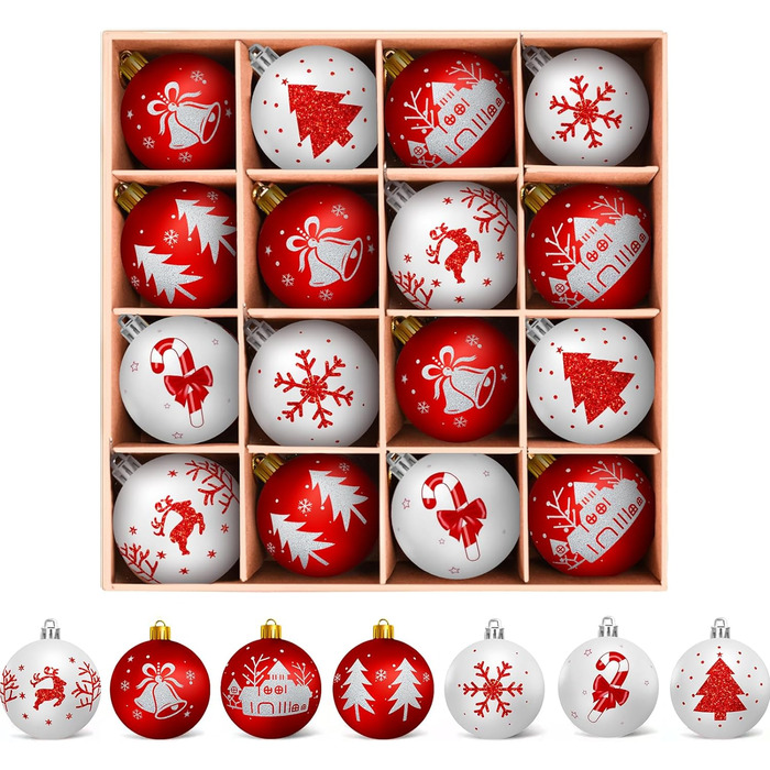 Різдвяні кульки Arbolisse, ялинкові прикраси 16PC, різдвяні прикраси, червоно-білий, шнурок