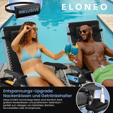 Лежак для відпочинку ELONEO: розкладний, з преміум-подушкою, стійкий до погодних умов, широка спинка, регульована, з подушкою для шиї та тримачем для напоїв (сірий)