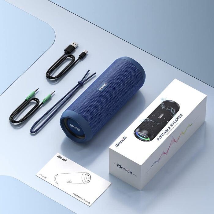 Bluetooth Портативна Колонка RIENOK з підсвічуванням, IPX7, Бас, 3600 mAh, Синій