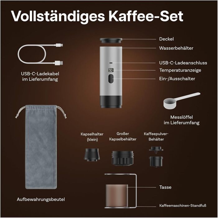 Портативна кавомашина MMOBIEL: електрична еспресо-машина з підігрівом, USB-C, для кави та капсул. Ідеально для подорожей, кемпінгу, дому, офісу. Білий колір + підставка