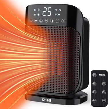 Електричний обігрівач YASHE 1800W з осциляцією 75°, економний та тихий, PTC керамічний нагрів з термостатом, захист від перегріву та перекидання, таймер 24 год, портативний з пульт керування