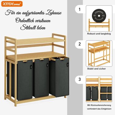 Кошик для білизни з 3 відділеннями, 148 літрів, з бамбука, 2 яруси, великий кошик для білизни з винімним мішком, прямокутна коробка для ванної, спальні та пральні, 77.5x41.3x100.5CM, Бежевий (Темно-сірий)