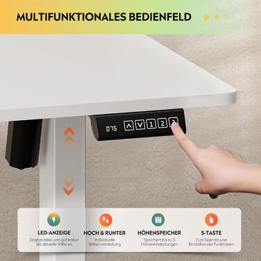 Регульований стіл Devaise 140x70 см з тихим мотором та функцією пам'яті, офісний стіл для роботи стоячи, білий