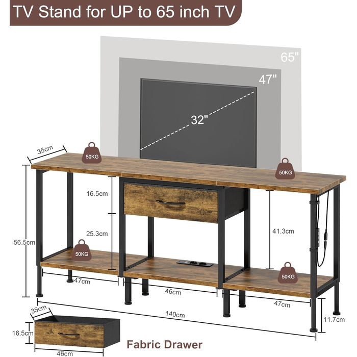 Тумба під TV з LED-підсвіткою, USB-роз'ємами та розеткою, 140 см, вінтажний колір, для телевізорів до 55 дюймів