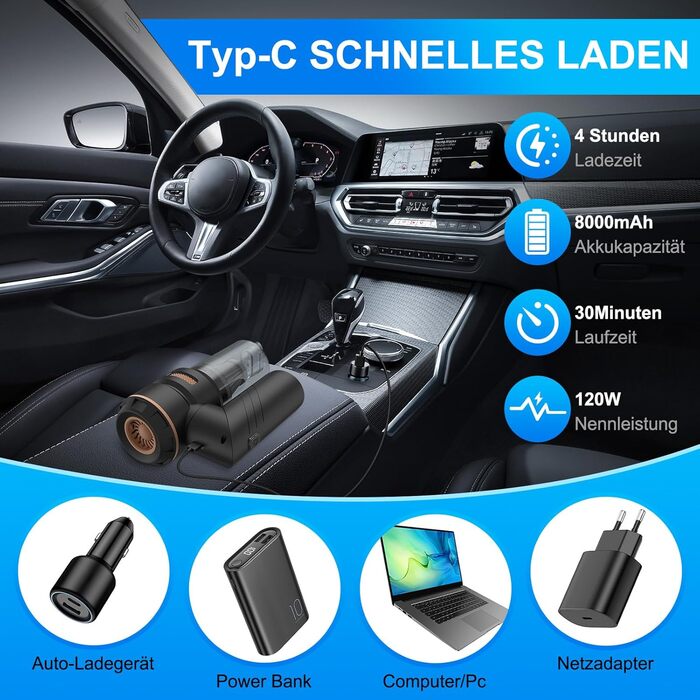 Бездротовий ручний автомобільний пилосос 4 в 1, потужність 18000Па, безщітковий двигун 200000 об/хв, 3 рівні всмоктування для авто, дому та шерсті тварин, сріблясто-чорний