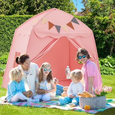 Дитяче намет-будиночок HOMASIS для гри в приміщенні, рожевий: зі світлячками, килимком, вікнами та фіранками