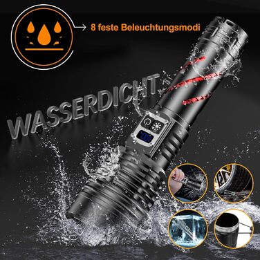 Потужний тактичний ліхтар Relybo LED, 1000000 Люмен, акумуляторний з USB-зарядкою, регулювання яскравості, водонепроникний для кемпінгу та екстрених ситуацій, чорний