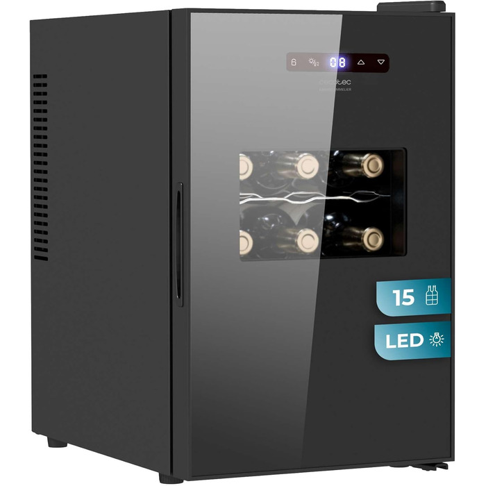 Винний холодильник Cecotec Bolero Grandsommelier 830 Coolcrystal: 15 пляшок, чорний, терморегулювання 8-18°C, LED, без шкідливого газу
