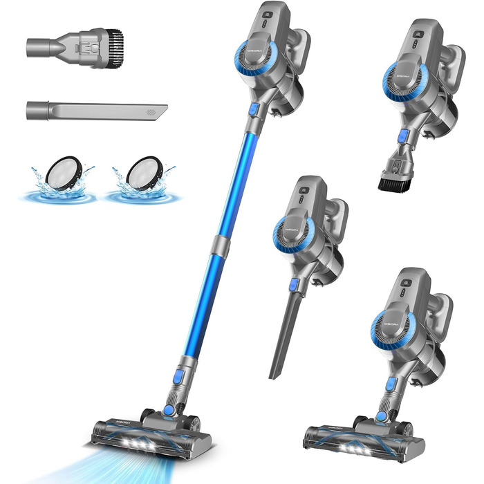 Бездротовий акумуляторний пилосос з потужністю 25000Pa, 175W, час роботи 50 хвилин. Бездротовий ручний пилосос з антизаплутувальною насадкою та самостійним паркуванням. Підходить для килимів, твердих підлог, видалення шерсті тварин. Колір: бірюзовий блаки