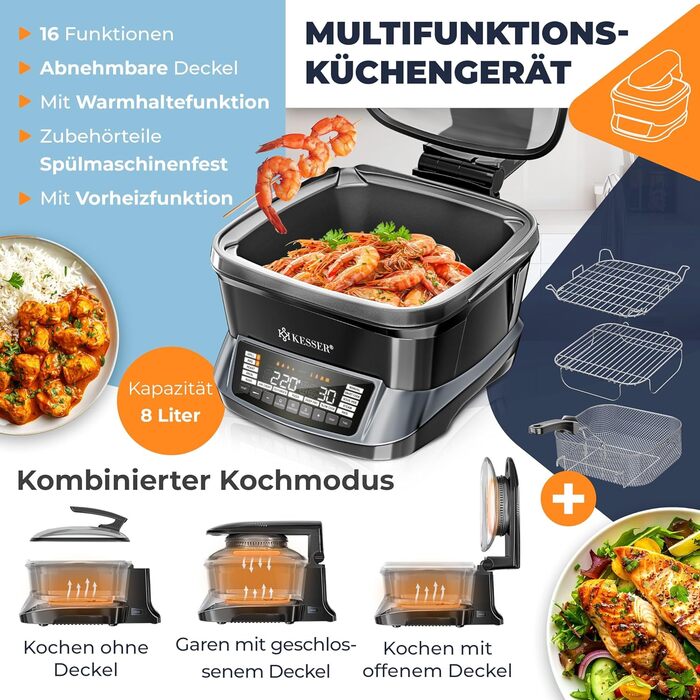 Мультиварка KESSER® 8л з фритюрницею та 16 програм. Гриль, випічка, тушкування, приготування на пару, рисоварка, йогуртниця, функція підігріву та повільного приготування. (Антрацит)