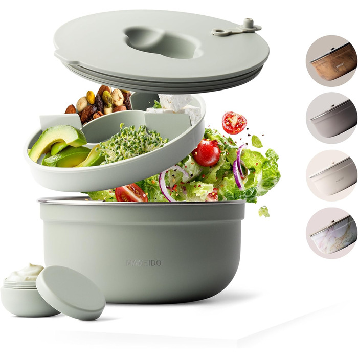 MAMEIDO Salatbox для обідів: контейнер для салату з нержавіючої сталі, 1,5 л, BPA-free, з відділеннями та контейнером для соусу, Meal Prep