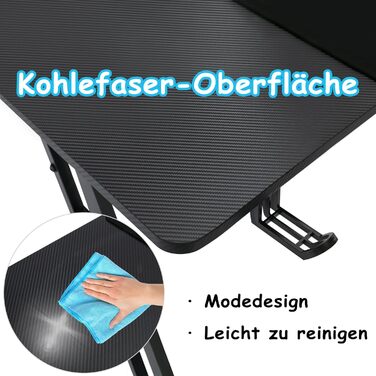 Ігровий стіл NAIZY 120x60 см, стільниця з вуглецевого волокна, ергономічний, з отвором для кабелю та світлодіодом (140 см, без світлодіода, чорний)
