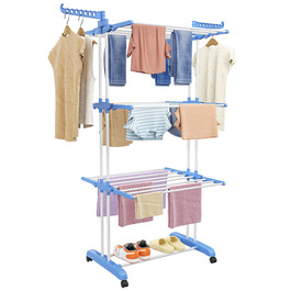Вертикальна сушарка для білизни SIMPDIY з 6 складаними крилами та колесами, підлогова баштова сушарка для одягу для дому та вулиці, синя