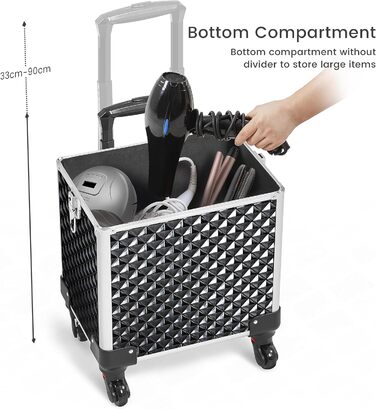 Ягетеч Косметичка-Тролі 4-в-1, Великий Косметичний Ящик для Макіяжу, Закривається на Замок, Багатофункціональний Ящик для Візажистів, Красота з Коліщатками та Висувною Шухлядою (Блискучий Чорний)