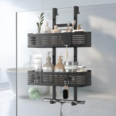 Настінна поличка для душу без свердління, чорна, для скляних душових кабін, регульована висота, 3 гачки для шампуню та гелю для душу