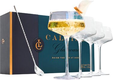 Набір келихів для мартини Callisto Glassware, 4 шт. з барними ложками, ручної витримки, кришталеві келихи Coupé для коктейлів, шампанського, мартини, мантхаттена, космополітену