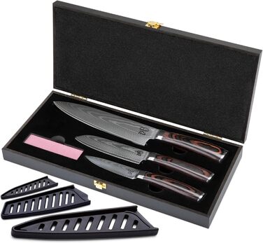 Набір кухонних ножів Дамаск 3 шт. (32, 24, 20 см) з каменем для заточування, дерев'яною ручкою, захистом леза та подарунковою коробкою. Перевірено TÜV, 62 HRC, сталь Дамаск з 67 шарів.