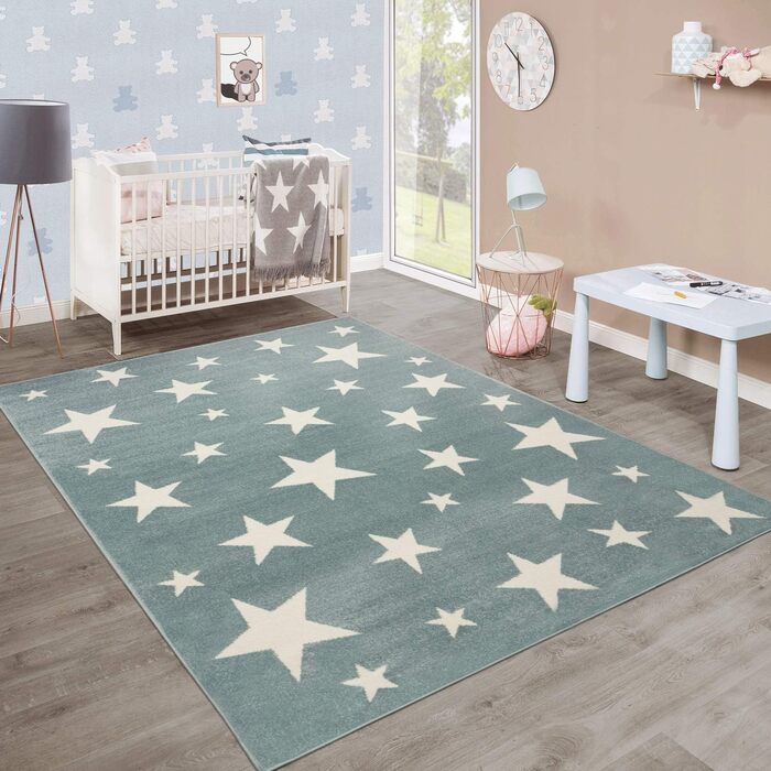 Дитячий килимок Paco Home з коротким ворсом Star Design бірюзово-білий, 80x150 см