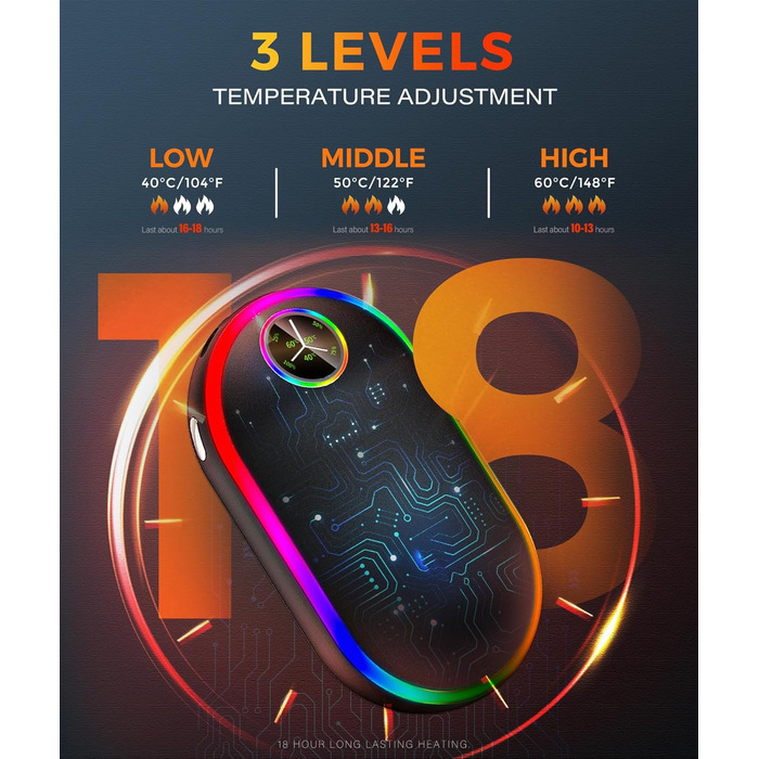 Електричний підігрівач для рук 10000mAh з підсвічуванням (7 кольорів), перезаряджуваний, портативний, чорний - ідеальний зимовий подарунок для чоловіків та жінок